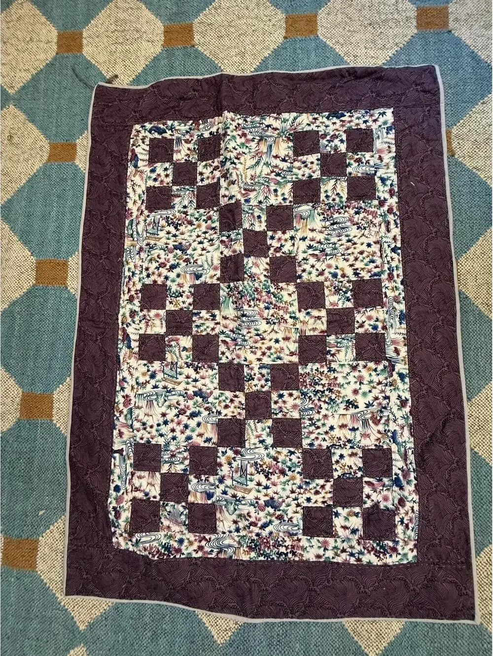 Handmade/ Handstitched Purple Irish Chain Checkered Crib Quilt 37 x 27